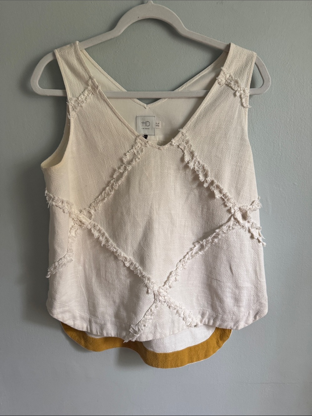 HD in Paris Cream Textured Fringe Diamond Tank Top